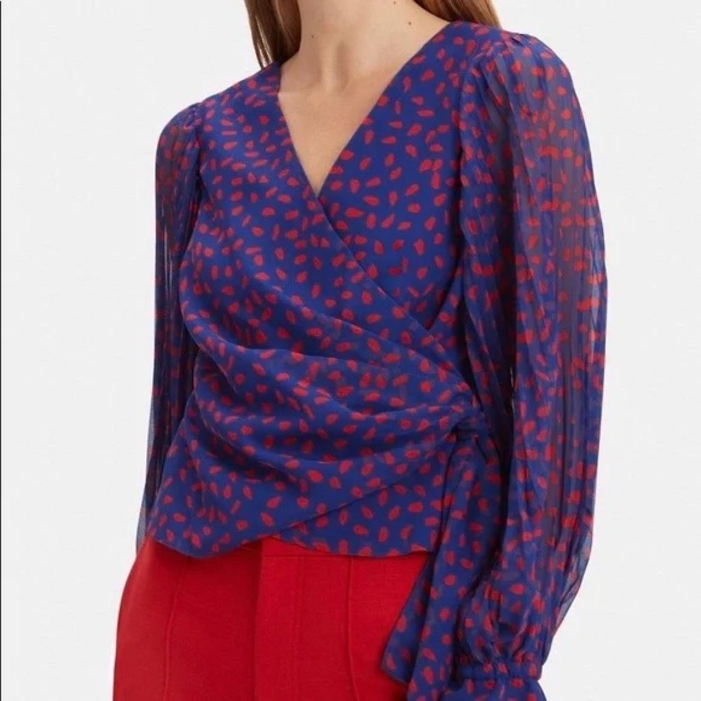 SELF-PORTRAIT RED & BLUE POLKA DOT WRAP BLOUSE REVOLVE ANTHRO EUC